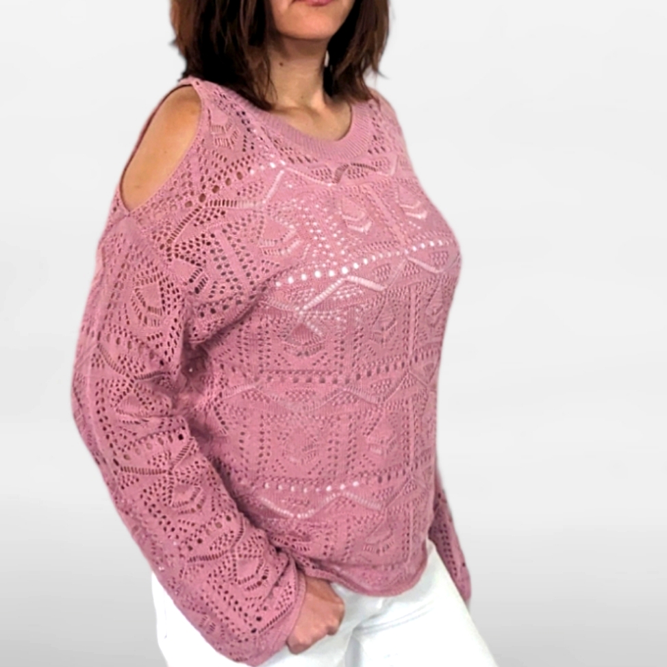 Belldini Open Knit Crochet Cold Shoulder Sweater ~ Nwt
